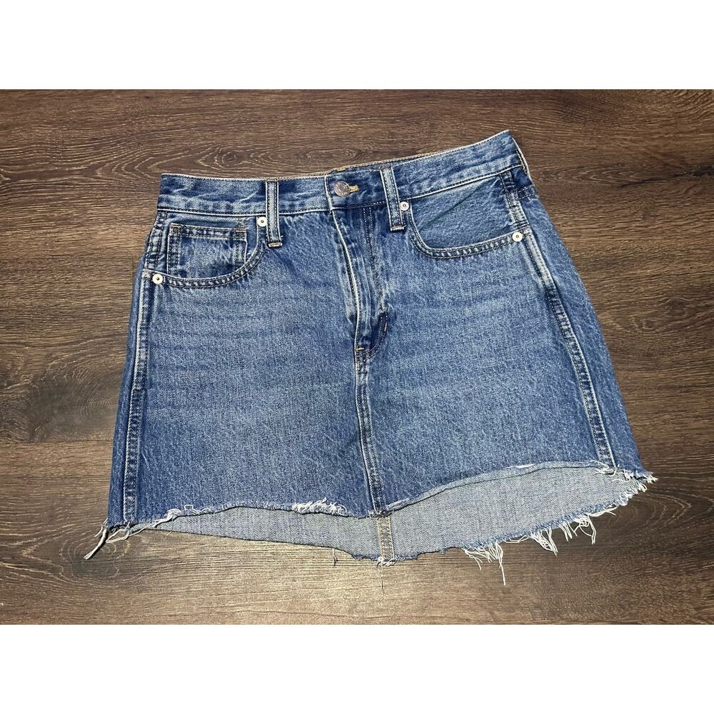 Madewell Blue rigid a-line denim Skirt Raw Hem Boho SZ 25 Waist Mini Skirt